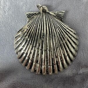 Silver Tone Scallop Seashell Pendant Vtg F Registered Mark Large Statement 2"